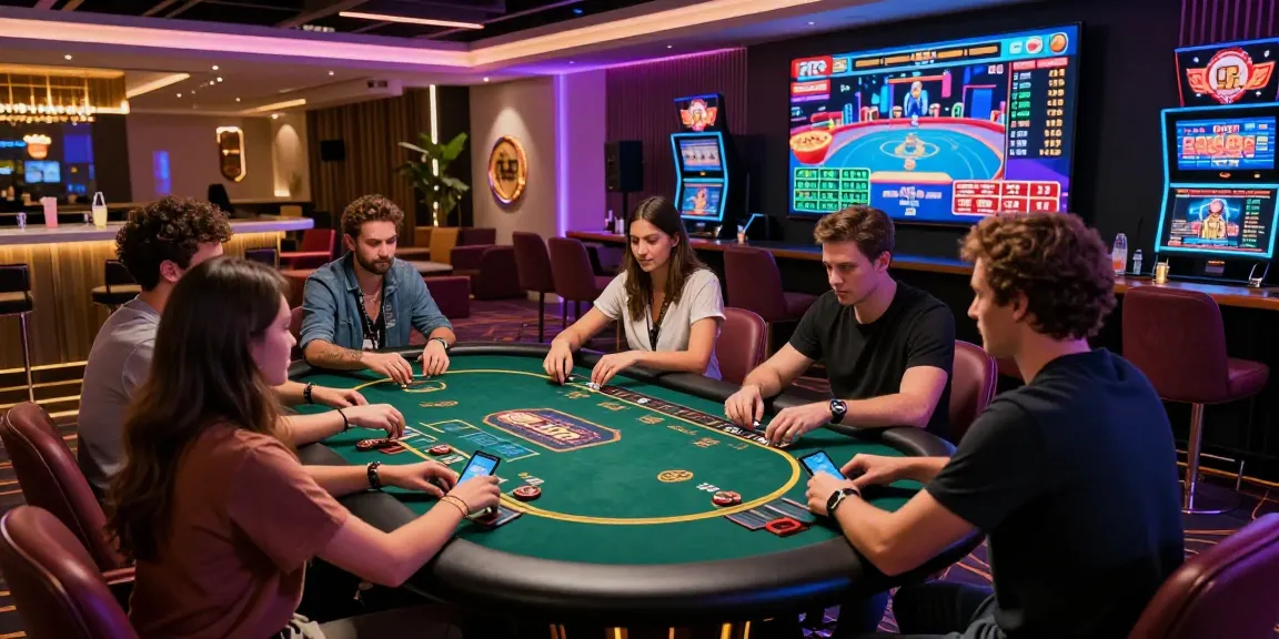 Friends enjoying online casino games at a modern table, highlighting the vibrant atmosphere of Rr8i gaming experience.