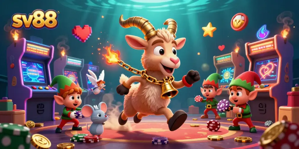 sv88 showcases a thrilling casino experience featuring a cartoon Krampus goat and animated elements.