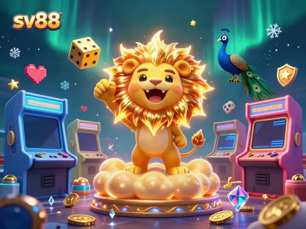 Engage with sv88's gaming adventure featuring a roaring lion, golden dice, and colorful arcade elements.