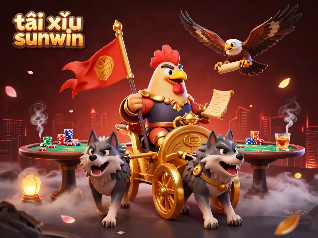 Engaging scene of tài xỉu sunwin featuring a cartoon rooster warlord in action with poker and casino elements.