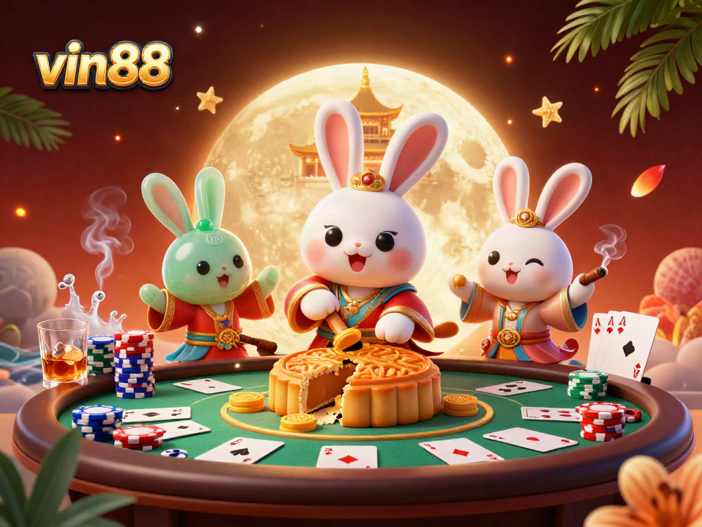 Experience vin88's vibrant casino scene with a cartoon moon rabbit and poker elements.
