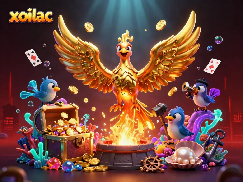 Experience the exciting winning moments at xoilac with a dynamic golden phoenix scene filled with vibrant elements.