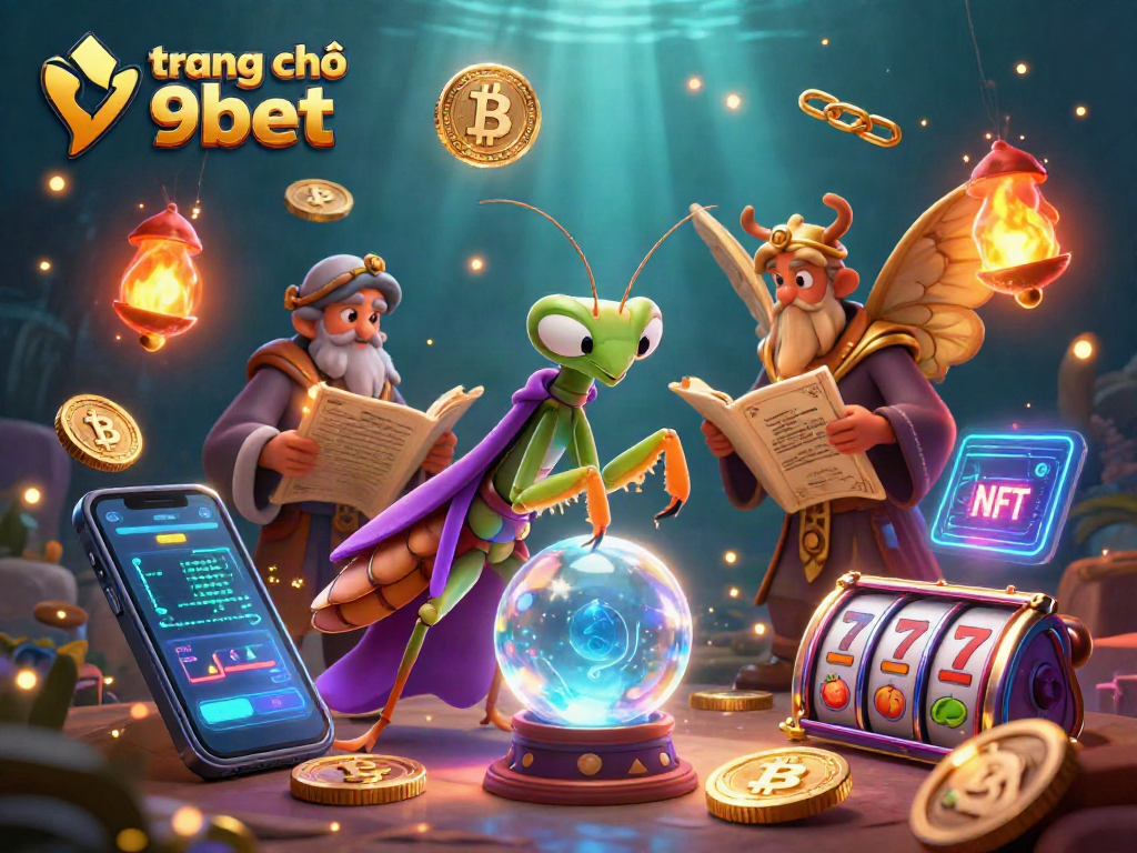 Engage with luck at trang chủ 9bet, where fortune tells as characters surround crypto and slot symbols.