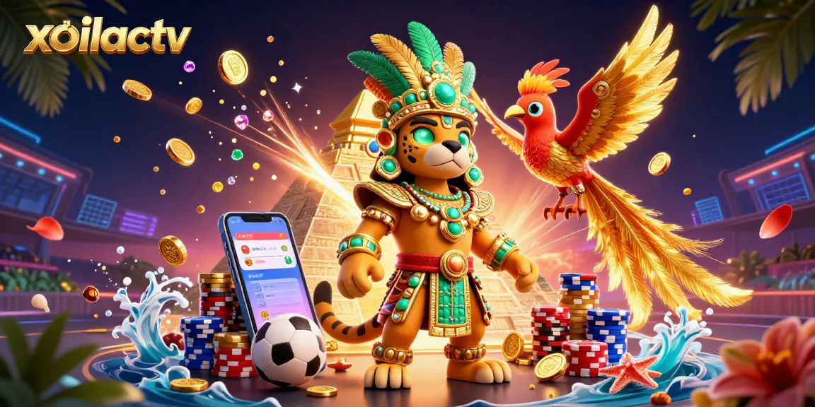 Xoilactv showcases a Mayan priest and a quetzal bird amidst sports betting excitement with vibrant visuals.