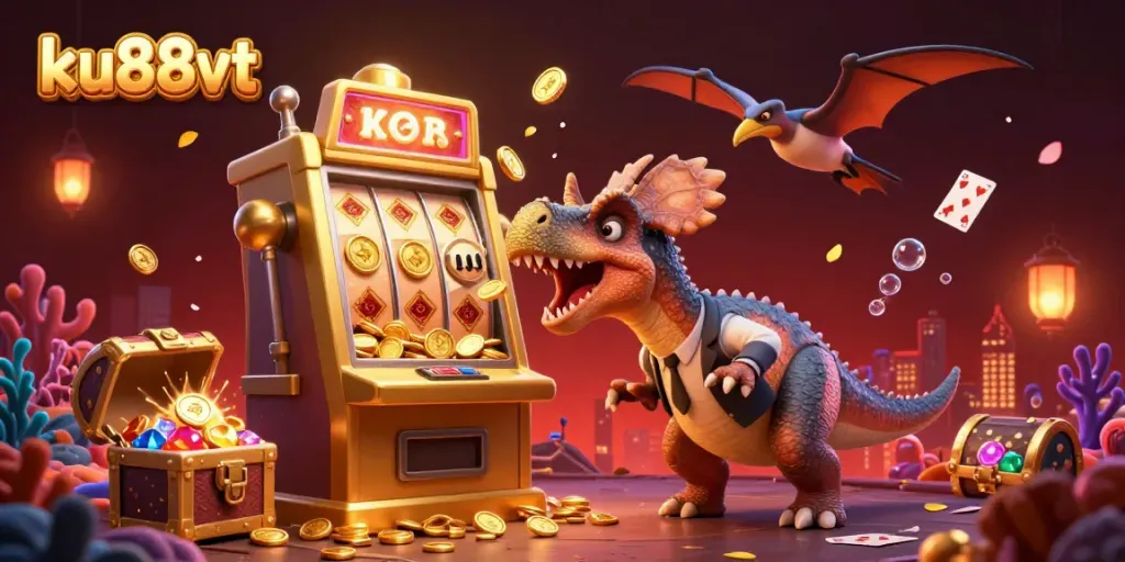 Interact with exciting jackpots at ku88vt as dinosaurs celebrate winning coins in a vibrant casino scene.