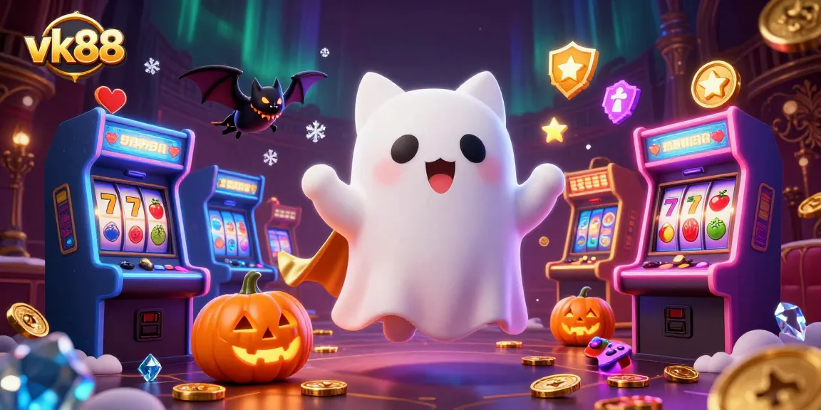 Vibrantly illustrate vk88's haunted casino experience with a playful ghost cat and glowing jack-o-lanterns.