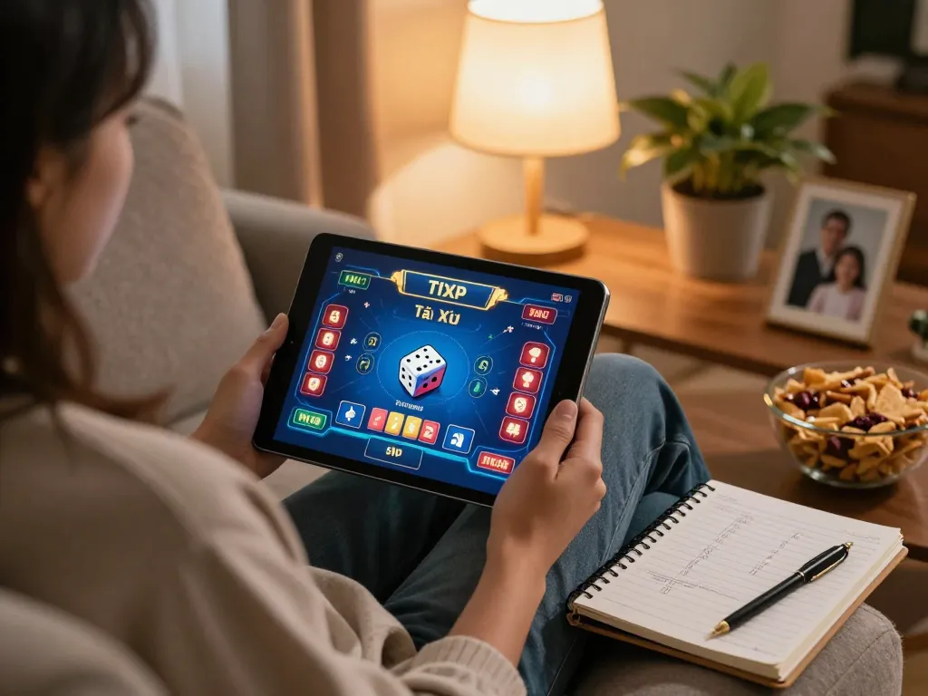 Engaging in Tài Xỉu online gaming on a tablet in a cozy home setup