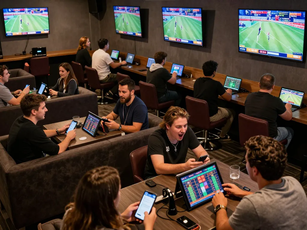 Go99 sports bettors engaged in live events with dynamic screens showing odds.