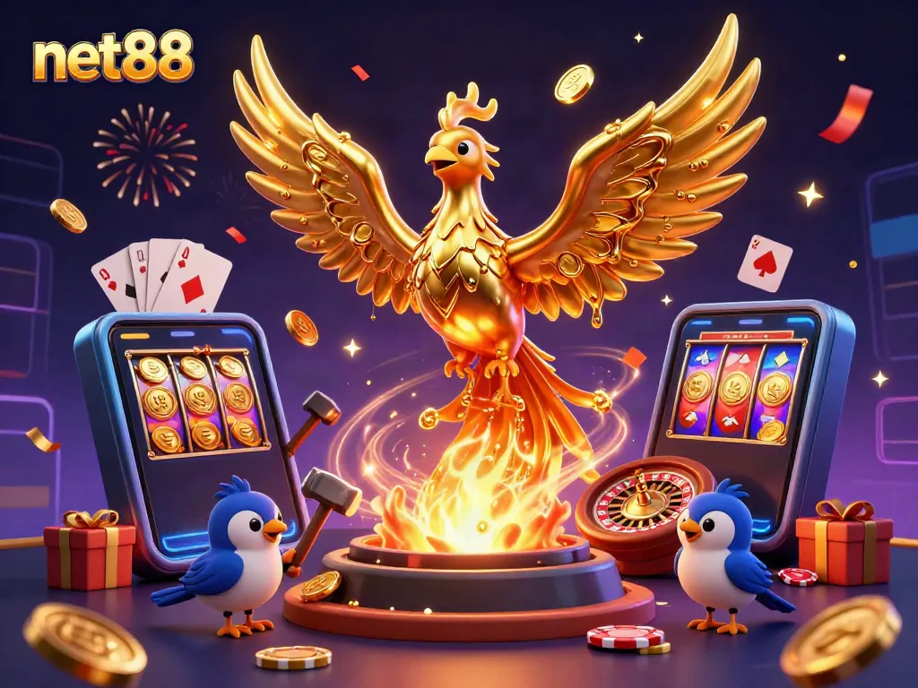 Experience net88’s vibrant casino world with a golden phoenix and exciting game elements in a dynamic illustration.