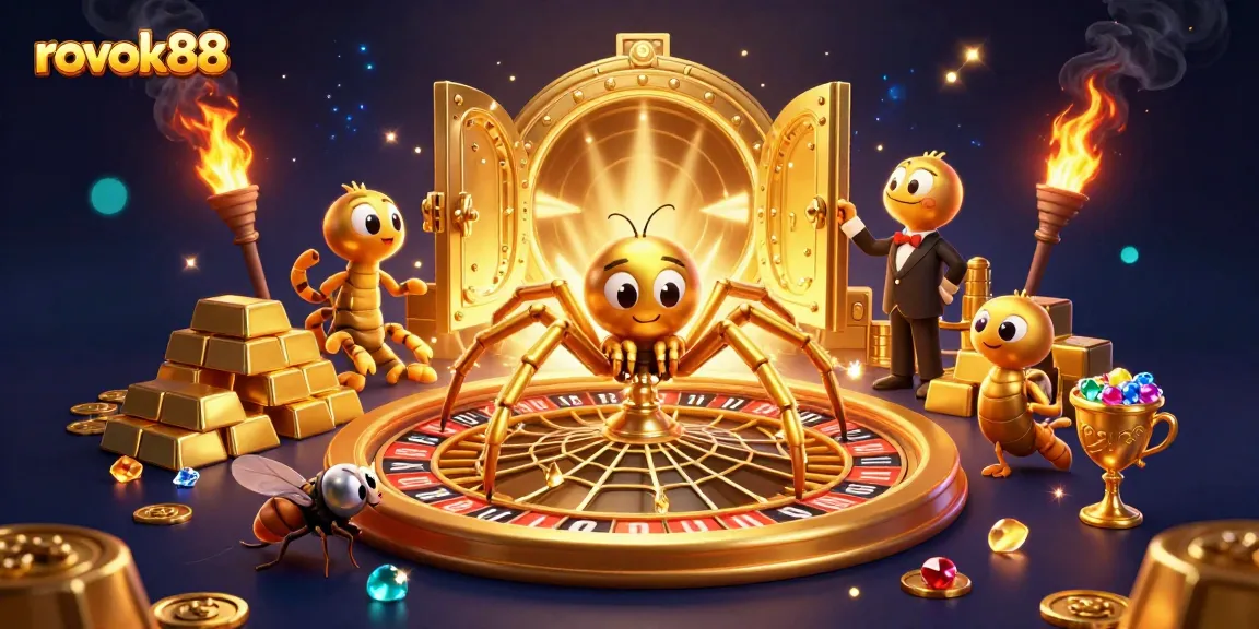 rokok88 features a animated scene with a spider and croupier in a vibrant casino atmosphere.