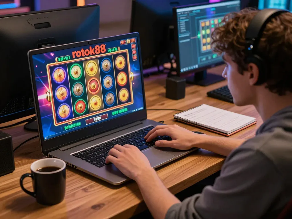 Pemain yang terlibat dalam permainan slot rokok88 di laptop, menunjukkan suasana kasino online yang menarik.