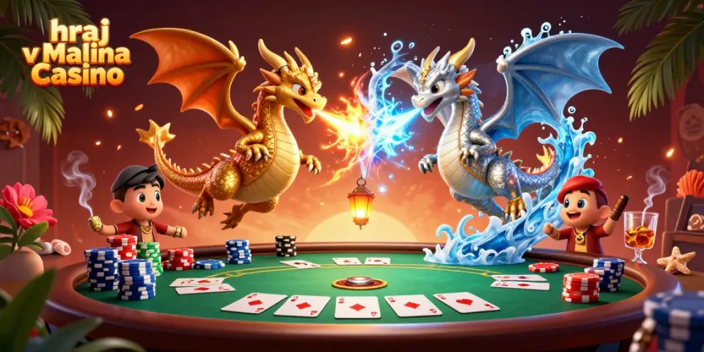 Hraj v Malina Casino s draky a pokerovými prvky v dynamické scéně.