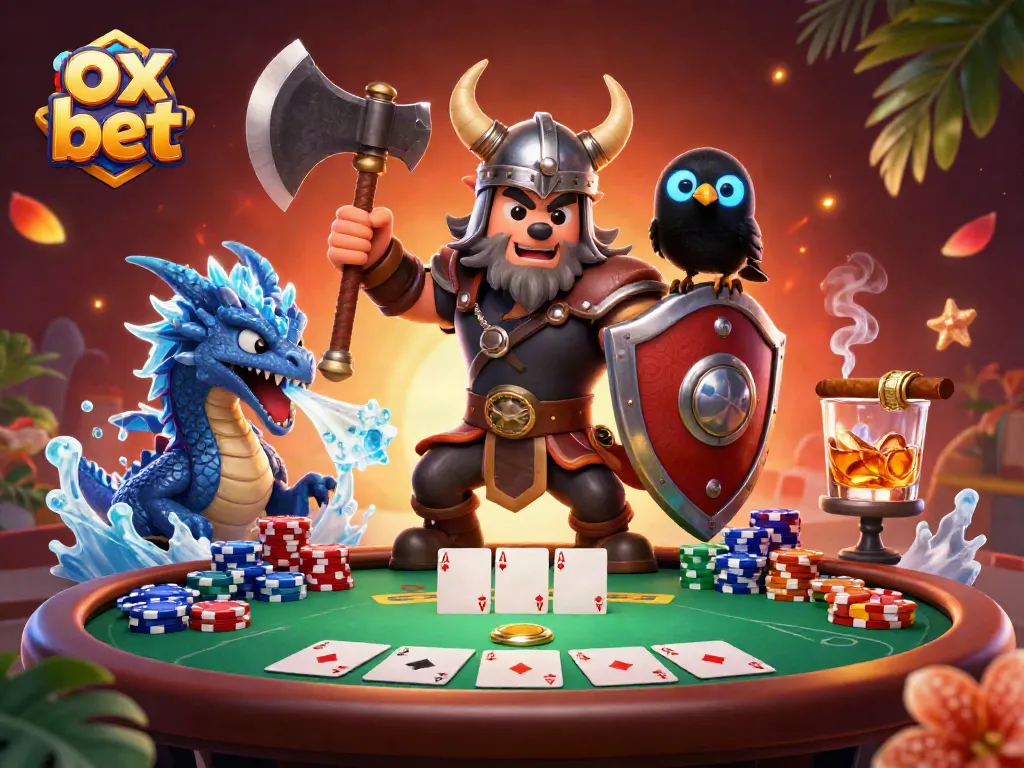 Engage in thrilling gameplay at ox bet, where a Viking wolf warrior and dragon surround vibrant poker elements.