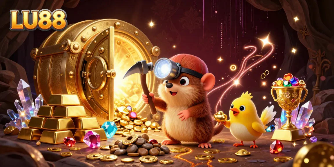 LU88 brings excitement as the treasure hunter mole explores a glimmering casino cavern filled with gems.