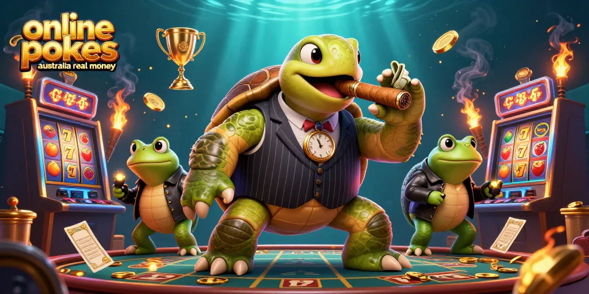 Experience online pokies Australia real money with a vibrant 3D cartoon scene featuring a mobster turtle.