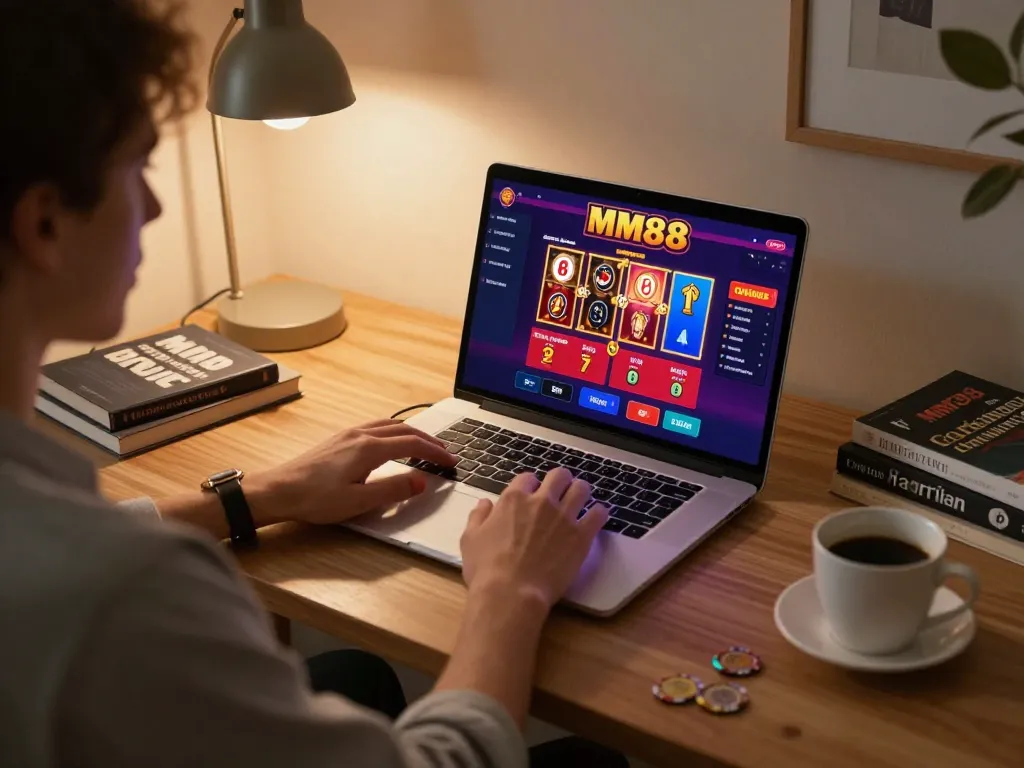 Player enjoying MM88 casino games on a laptop in a cozy home setup with warm lighting.