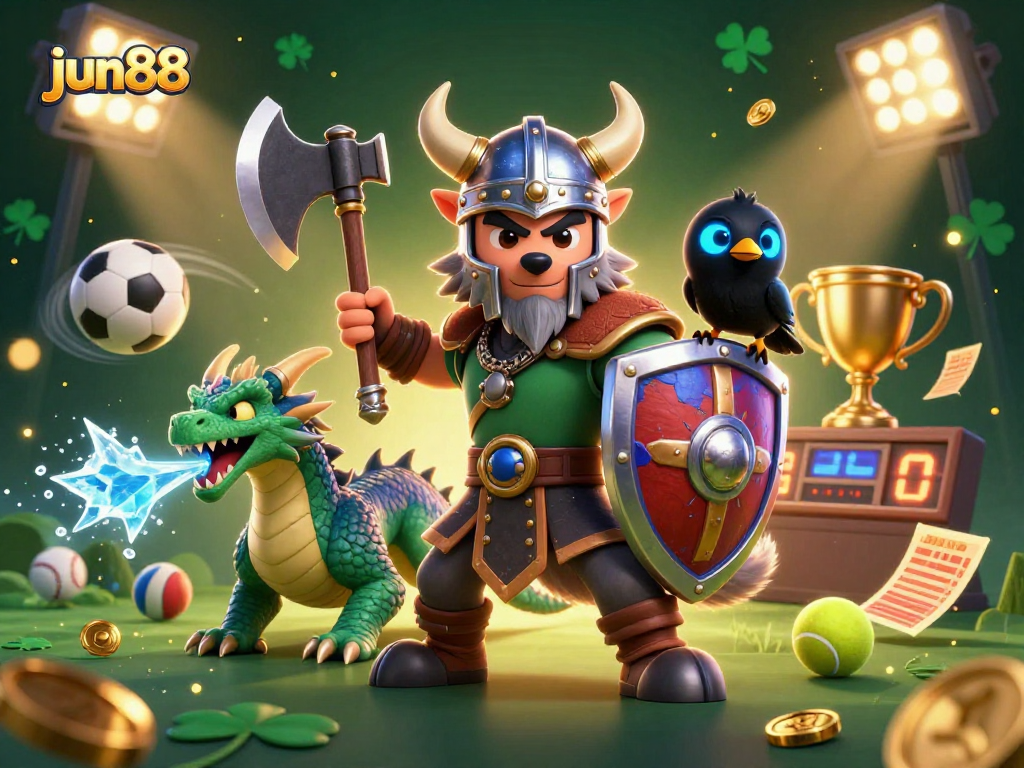 Engage in thrilling gameplay at jun88 with a dynamic scene featuring a Viking wolf warrior, dragon, and sports action elements.