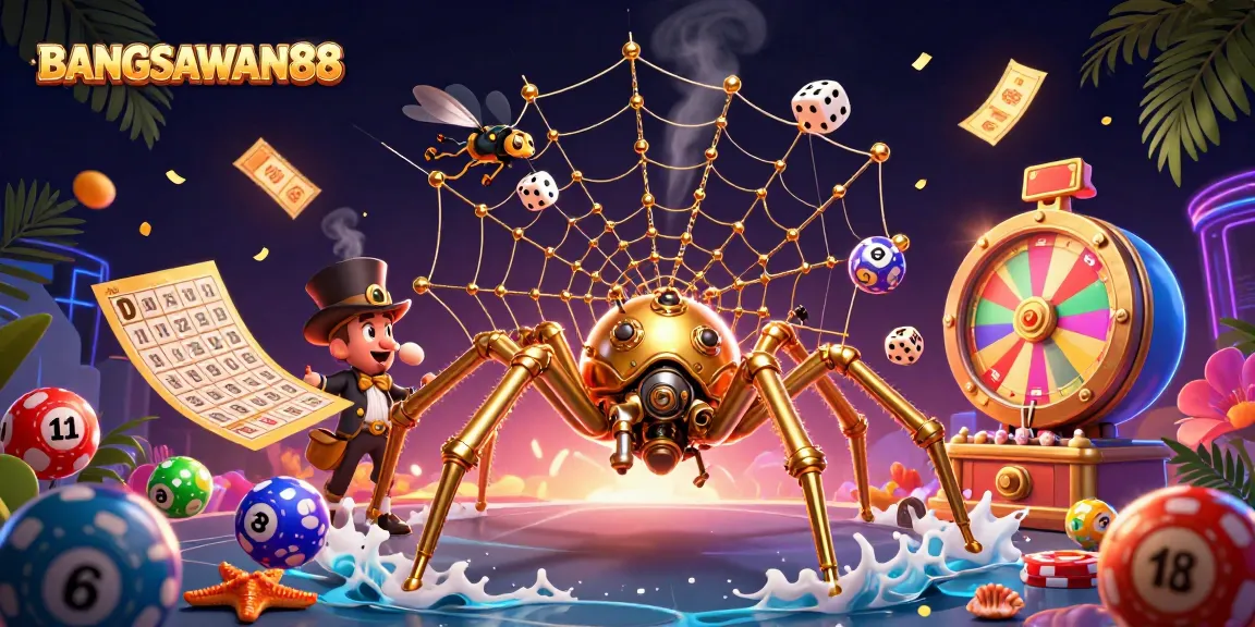 BANGSAWAN88 captivates with vibrant lottery balls and an intricate web of golden chains, a dynamic casino scene.