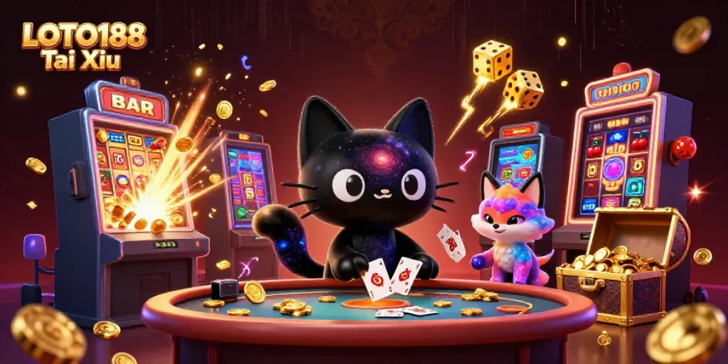 Experience the excitement of LOTO188 Tai Xiu with a cosmic casino scene featuring dynamic game elements.