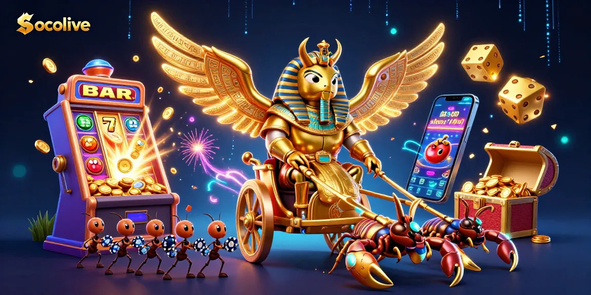 Socolive presents a vibrant illustration of a colossal golden scarab beetle amidst casino elements and jackpot excitement.