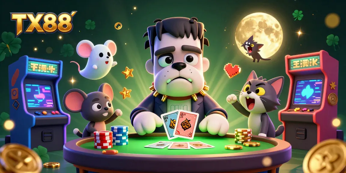 Experience the excitement of TX88 with a 3D cartoon scene featuring unique characters and vibrant gambling elements.