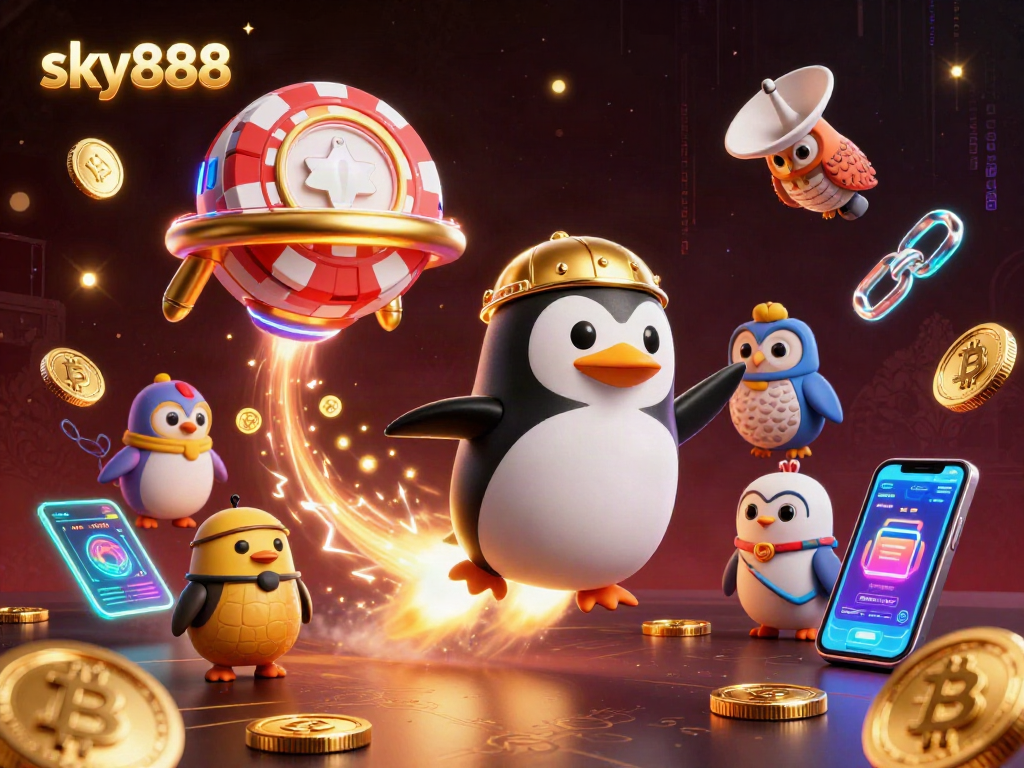 Explore thrilling games at sky888 with a dynamic 3D illustration featuring a golden penguin and gambling elements.