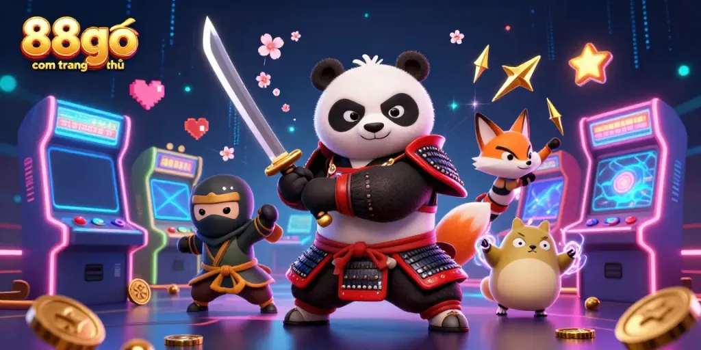 Engage with the thrilling 88go com trang chủ gaming scene featuring a samurai panda, ninja fox, and tanuki in an energetic casino atmosphere.