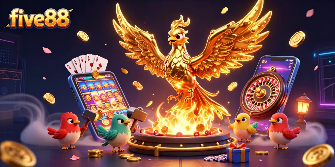 Experience the excitement of five88 with gold coins cascading from the molten phoenix.