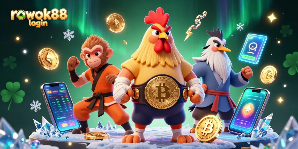 Experience rokok88 login with a vibrant casino-themed illustration showcasing crypto symbols and championship fighters.