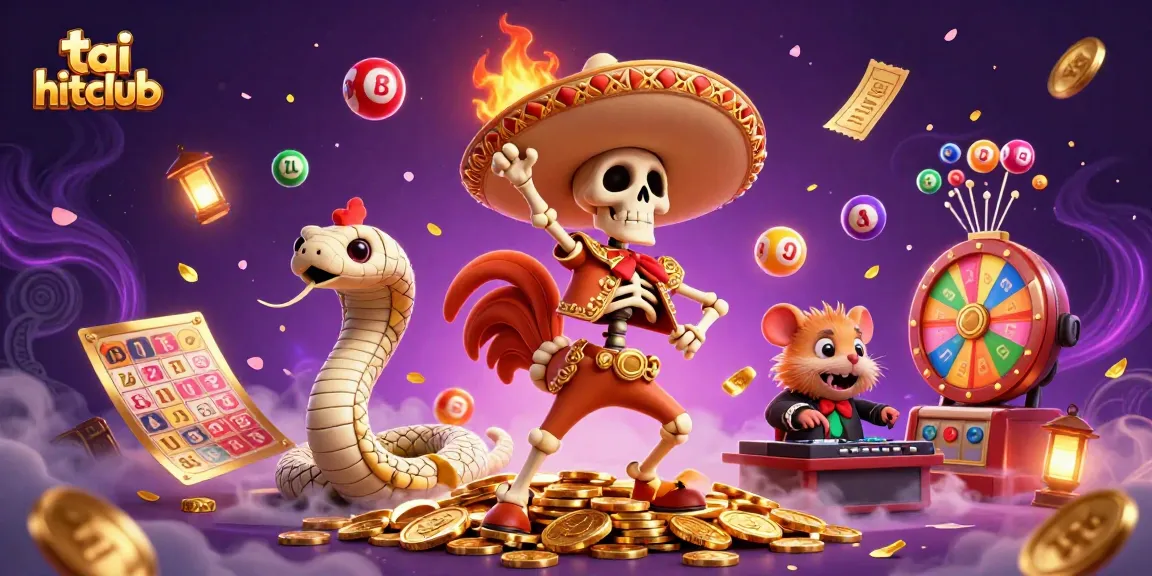 Experience the fun of tai hitclub as a skeleton rooster celebrates winnings amidst colorful lottery elements and golden coins.